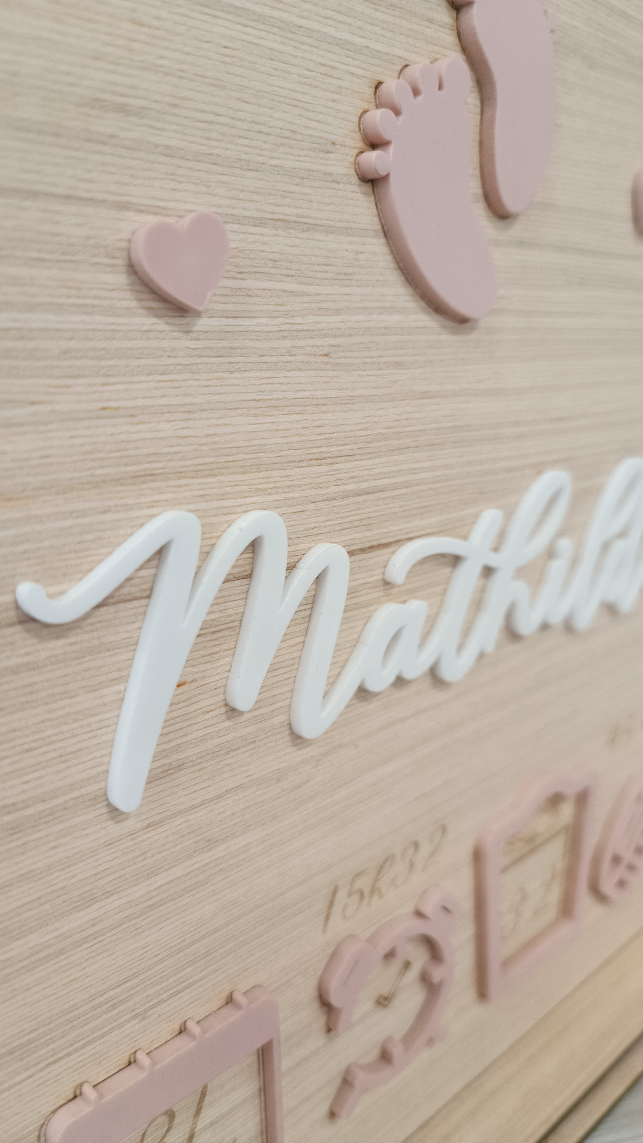 Panneau souvenir Naissance personnalisé en bois et plexi