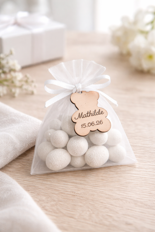 Etiquettes en plexi pour pochon ou emballage à dragées