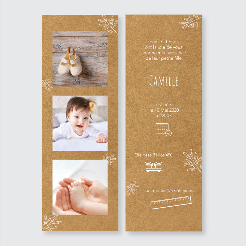 Faire-part de naissance marque page Kraft