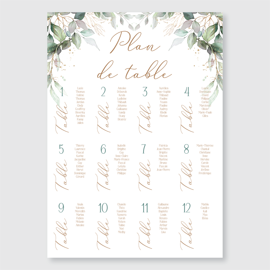 Panneau plan de table – Feuilles d'olivier