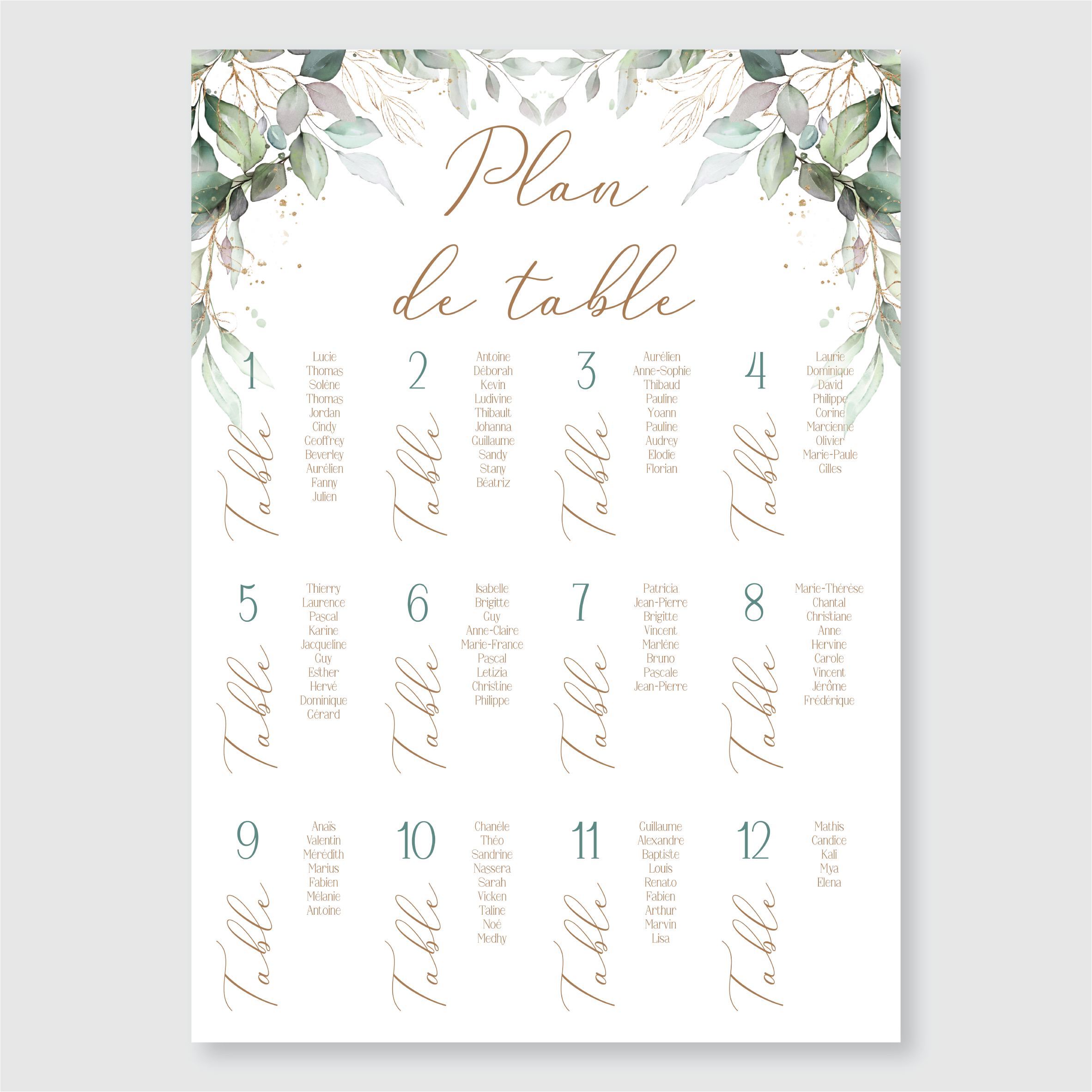 Panneau plan de table – Feuilles d'olivier