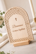 Pancarte de bienvenue baptême en bois a personnaliser