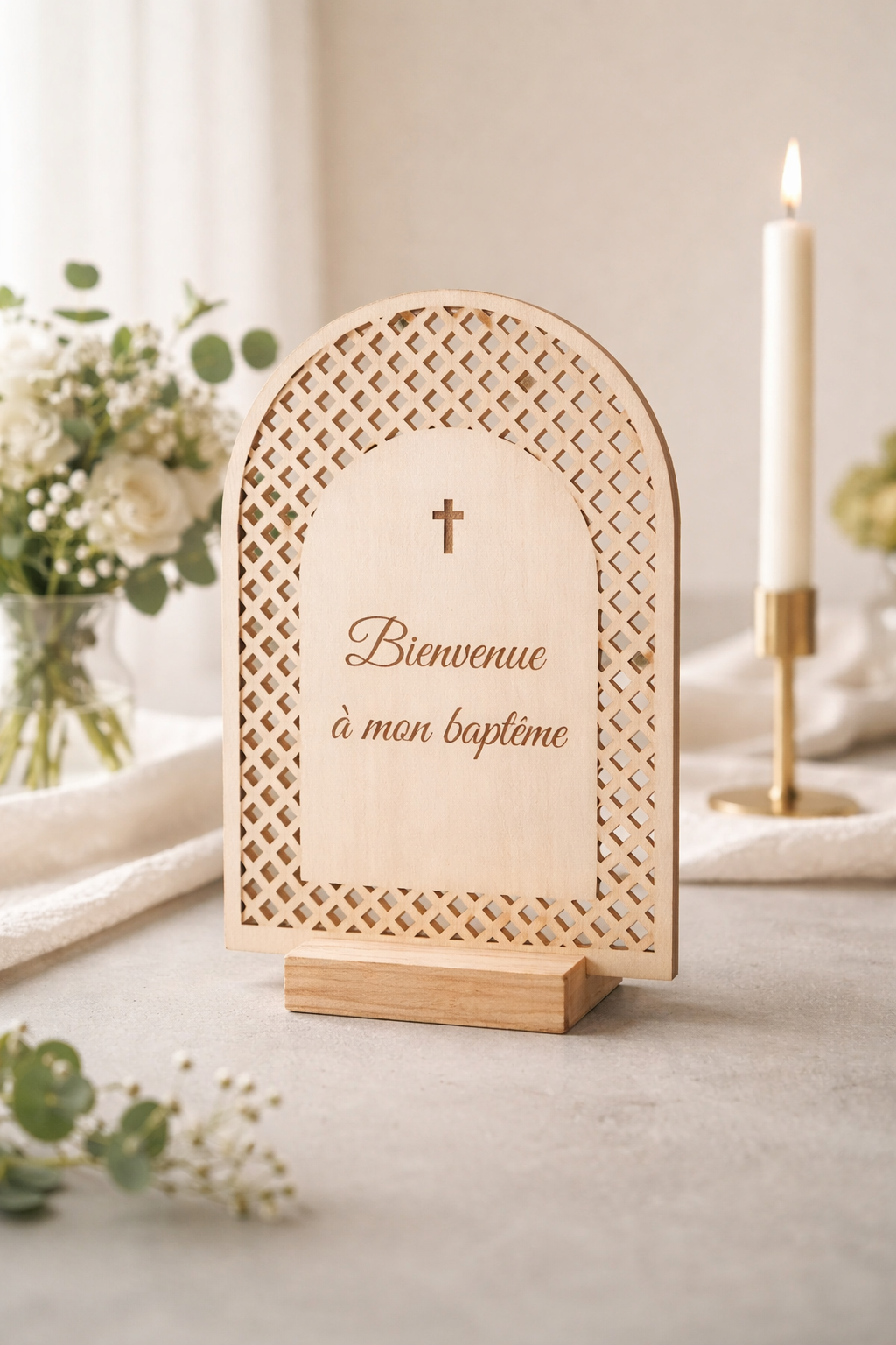 Pancarte de bienvenue baptême en bois a personnaliser
